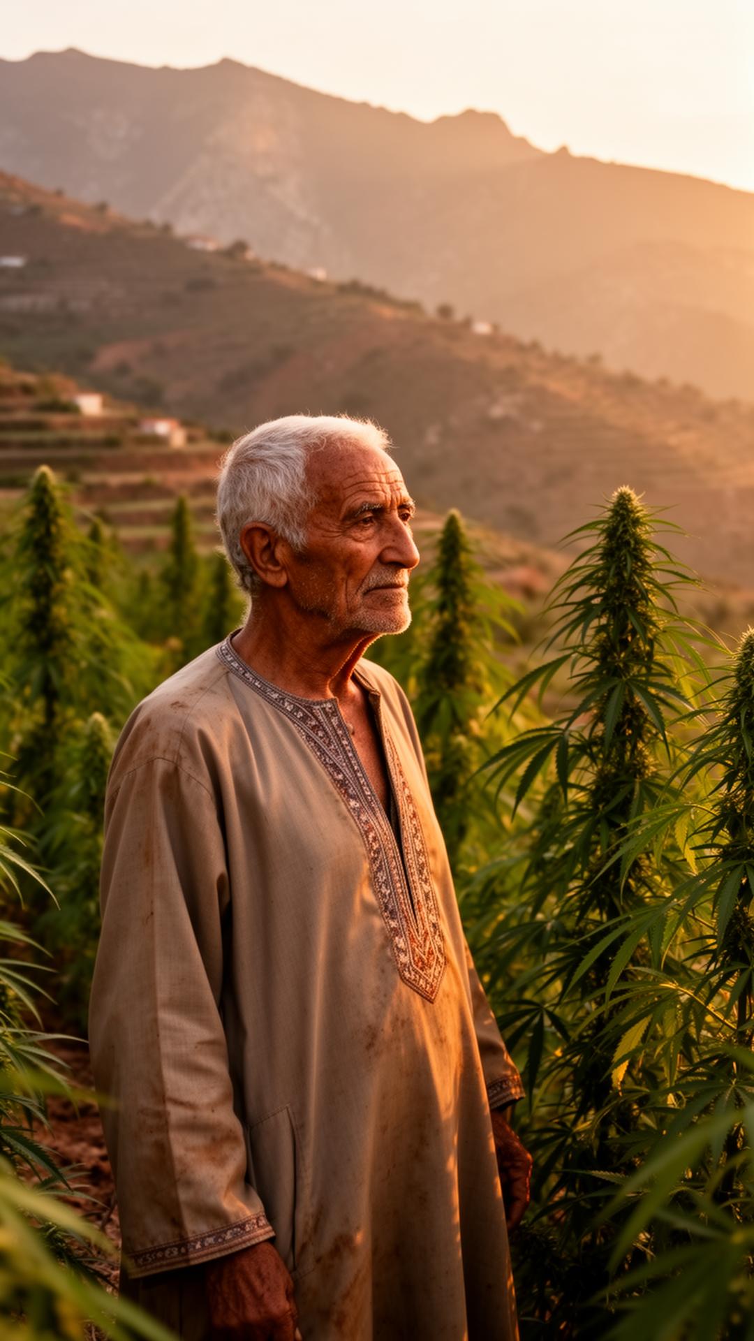 Paysan du Rif dans une terrasse de chanvre Beldia à l'heure dorée