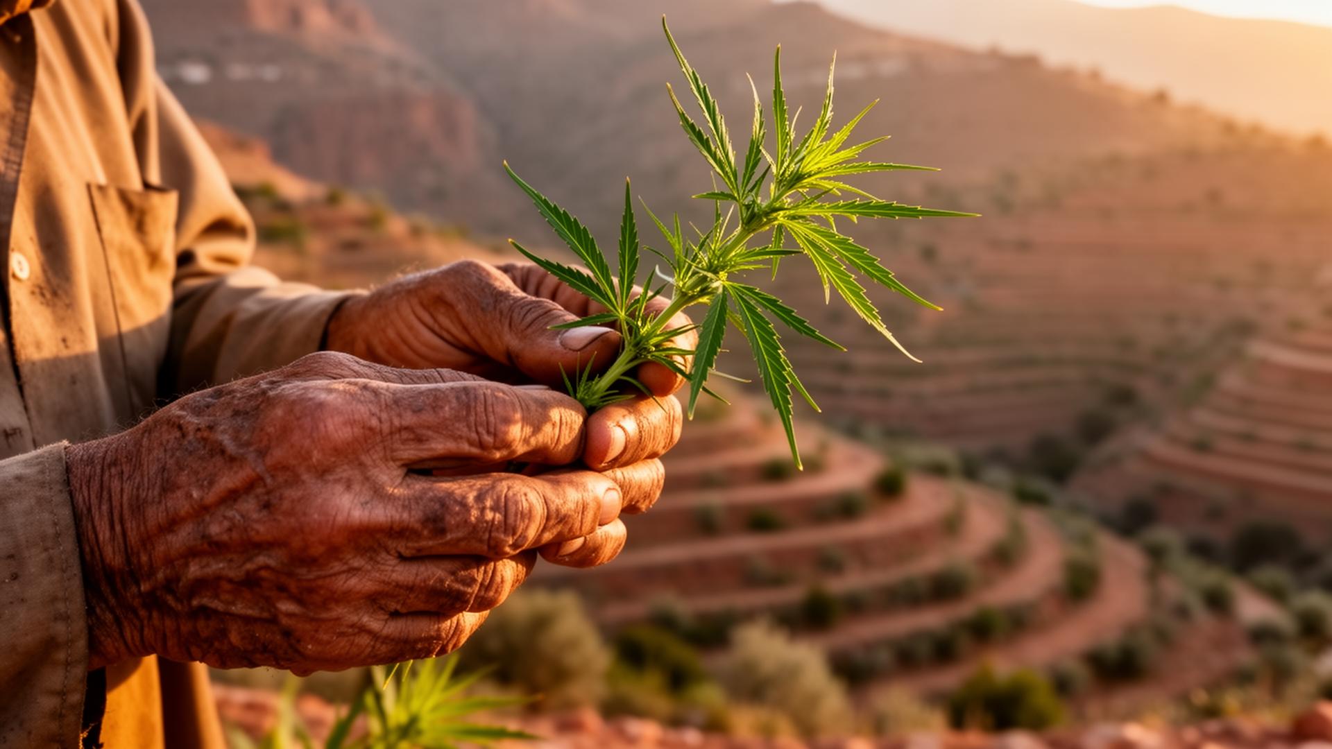 Mains de paysan marocain avec chanvre Beldia